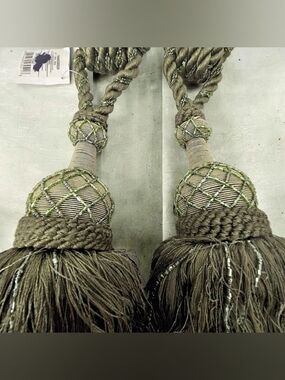 2 Vtg Wrights 32" Ornate Curtain Tiebacks Green Shades Rayon Tassels Glass Beads